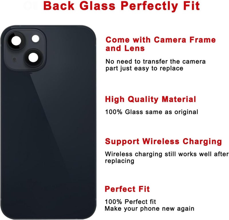 Perzework Rear Back Glass Replacement for iPhone 14 6.1-inches with + Pre-Installed Plate and Camera Frame and Lens + Reparing Tool Kit (Midnight Black) - Image 3