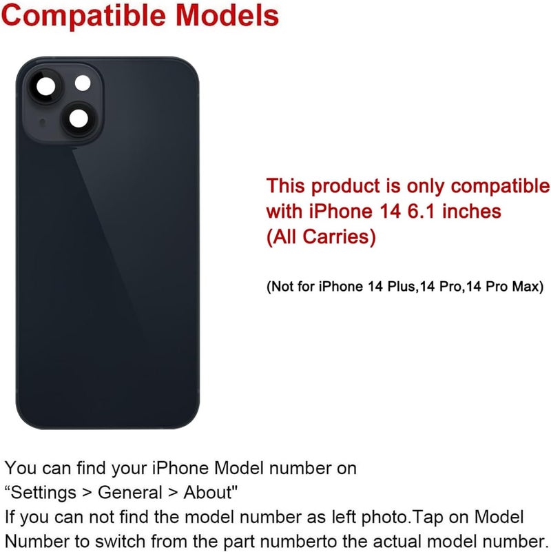 Perzework Rear Back Glass Replacement for iPhone 14 6.1-inches with + Pre-Installed Plate and Camera Frame and Lens + Reparing Tool Kit (Midnight Black) - Image 2