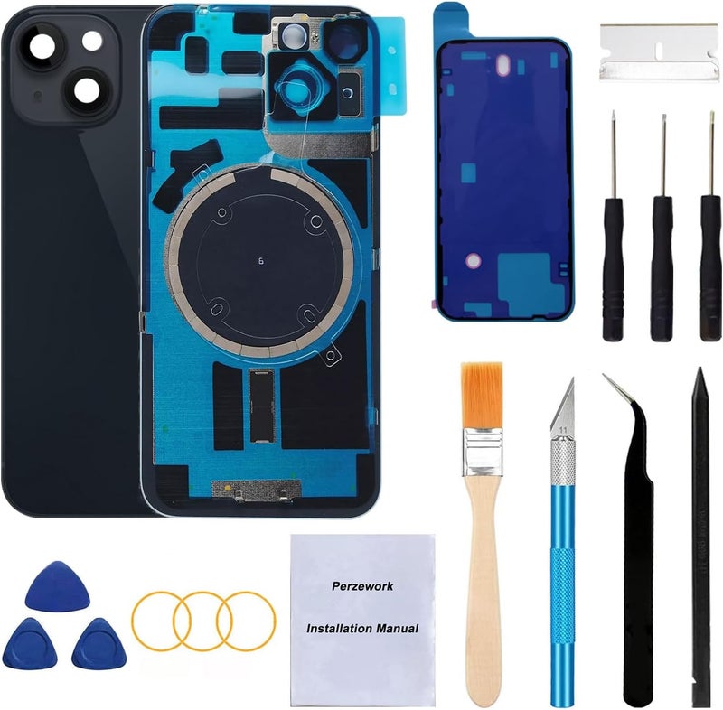 Perzework Rear Back Glass Replacement for iPhone 14 6.1-inches with + Pre-Installed Plate and Camera Frame and Lens + Reparing Tool Kit (Midnight Black) - Image 1