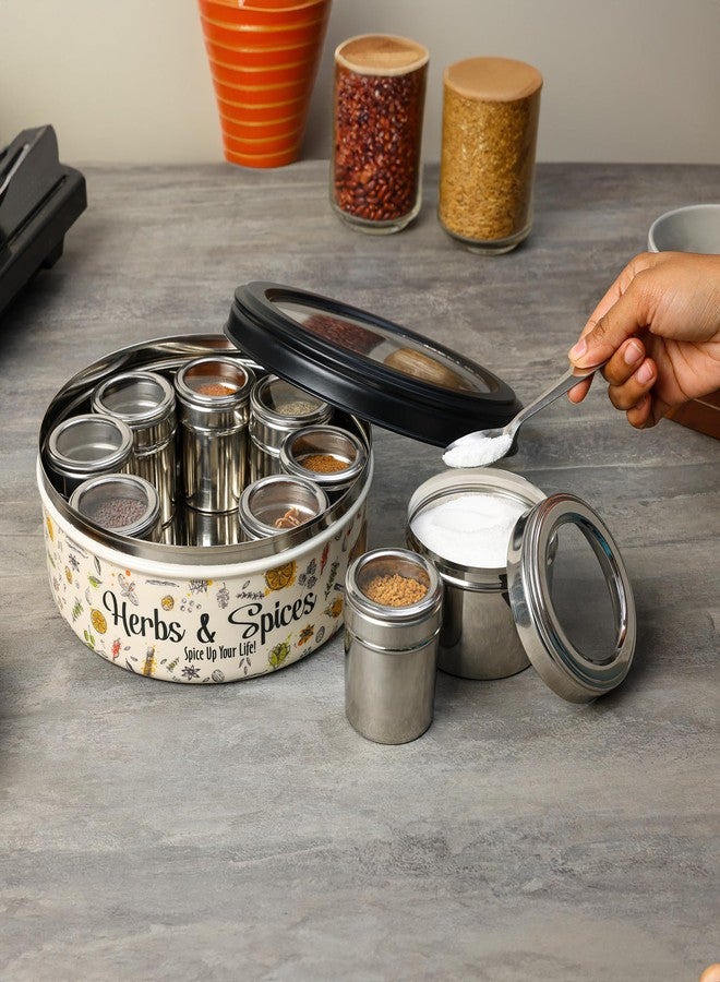 dudki 9 in 1 Herbs & Spice | Stainless Steel Handcrafted Spice Box | Masala Box for Kitchen Steel | See through lid 9 containers and Spoons | Spice Box | Ultra Beige (2.5 Ltr | X-Large | 22.5cm) - Image 4