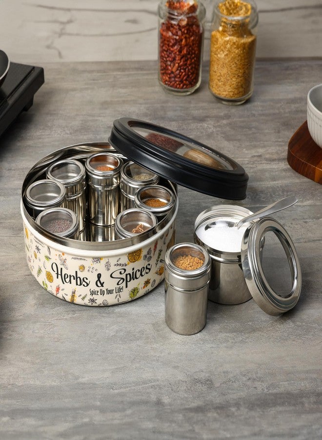 dudki 9 in 1 Herbs & Spice | Stainless Steel Handcrafted Spice Box | Masala Box for Kitchen Steel | See through lid 9 containers and Spoons | Spice Box | Ultra Beige (2.5 Ltr | X-Large | 22.5cm) - Image 3