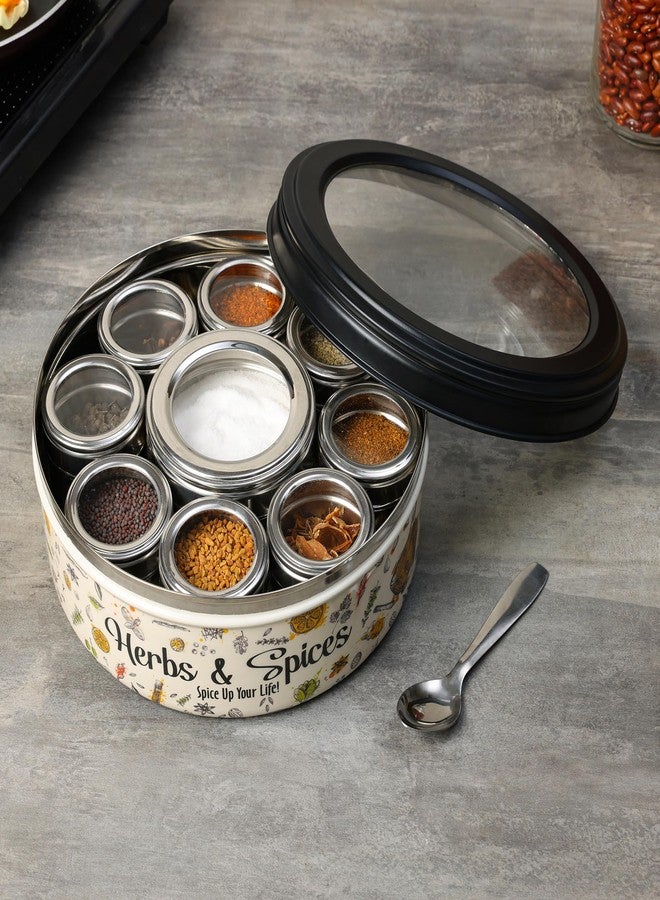 dudki 9 in 1 Herbs & Spice | Stainless Steel Handcrafted Spice Box | Masala Box for Kitchen Steel | See through lid 9 containers and Spoons | Spice Box | Ultra Beige (2.5 Ltr | X-Large | 22.5cm) - Image 5