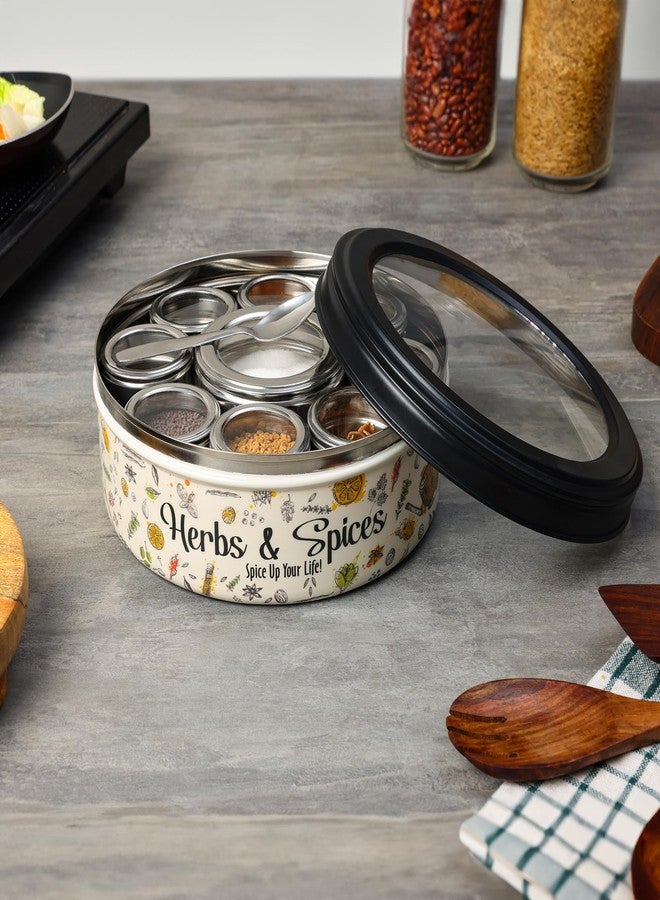 dudki 9 in 1 Herbs & Spice | Stainless Steel Handcrafted Spice Box | Masala Box for Kitchen Steel | See through lid 9 containers and Spoons | Spice Box | Ultra Beige (2.5 Ltr | X-Large | 22.5cm) - Image 2