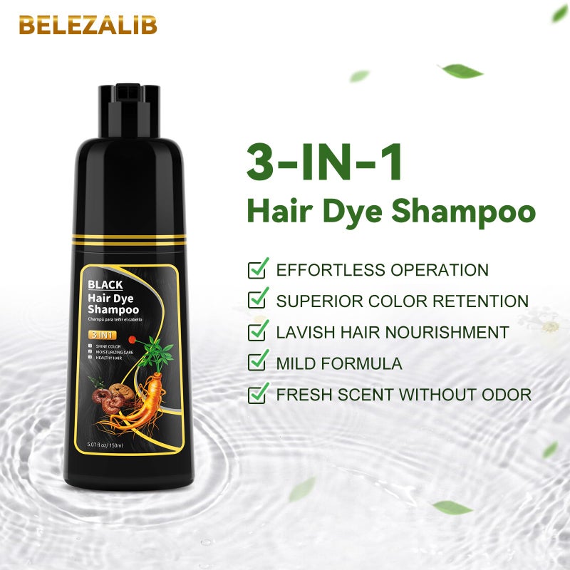 BELEZALIB Black Hair Dye Shampoo - Natural Nutrition for Gray Hair Coverage, 3 in 1 Shampoo for women, Semi Permanent Hair Color for Instant, Lasts 30 Days/Natural herbal Ingredients, 150 ML/5.07 OZ - Image 2
