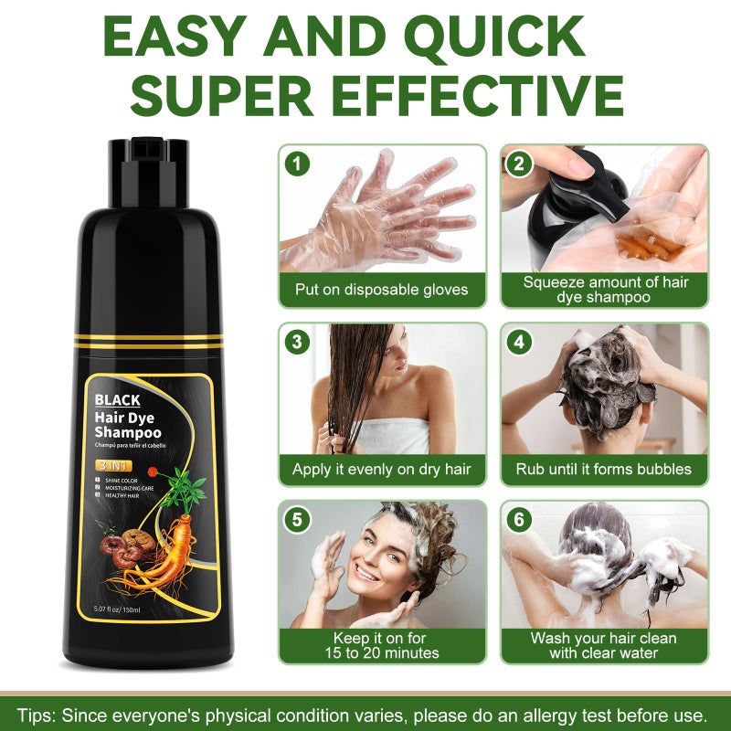 BELEZALIB Black Hair Dye Shampoo - Natural Nutrition for Gray Hair Coverage, 3 in 1 Shampoo for women, Semi Permanent Hair Color for Instant, Lasts 30 Days/Natural herbal Ingredients, 150 ML/5.07 OZ - Image 5