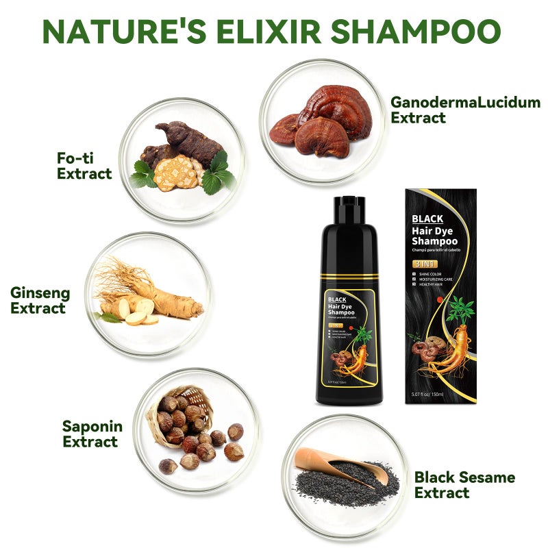 BELEZALIB Black Hair Dye Shampoo - Natural Nutrition for Gray Hair Coverage, 3 in 1 Shampoo for women, Semi Permanent Hair Color for Instant, Lasts 30 Days/Natural herbal Ingredients, 150 ML/5.07 OZ - Image 3