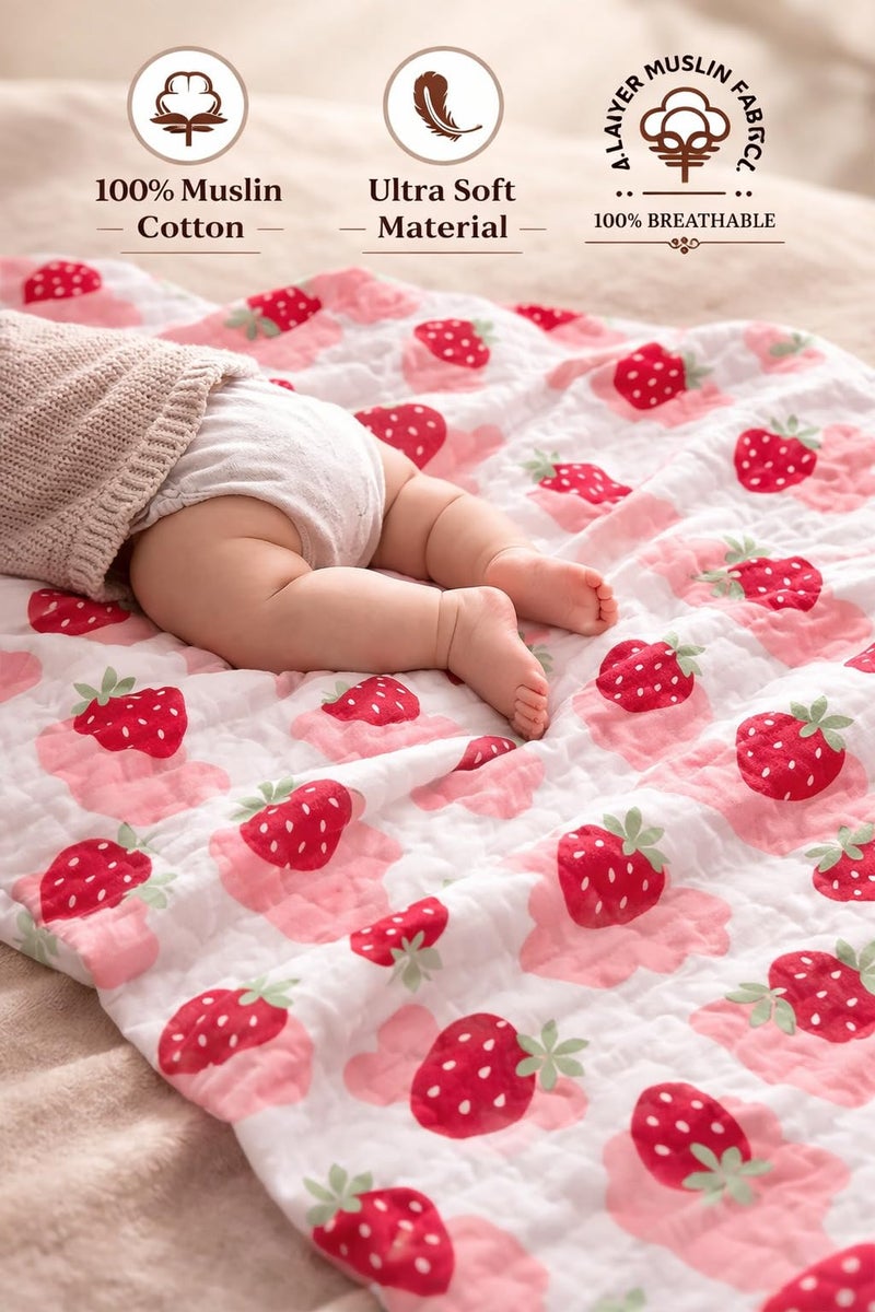 VOIDROP 6 Layer Muslin Cotton Blanket for Newborn Baby Soft Breathable Lightweight All-Season Swaddle for Cuddling for Nap Time 110x110 cm (0-2 Years) - Red Strawberry Print - Image 4