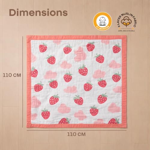 VOIDROP 6 Layer Muslin Cotton Blanket for Newborn Baby Soft Breathable Lightweight All-Season Swaddle for Cuddling for Nap Time 110x110 cm (0-2 Years) - Red Strawberry Print - Image 3