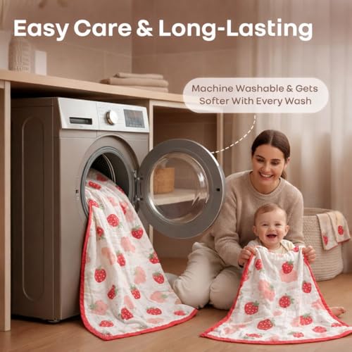 VOIDROP 6 Layer Muslin Cotton Blanket for Newborn Baby Soft Breathable Lightweight All-Season Swaddle for Cuddling for Nap Time 110x110 cm (0-2 Years) - Red Strawberry Print - Image 2