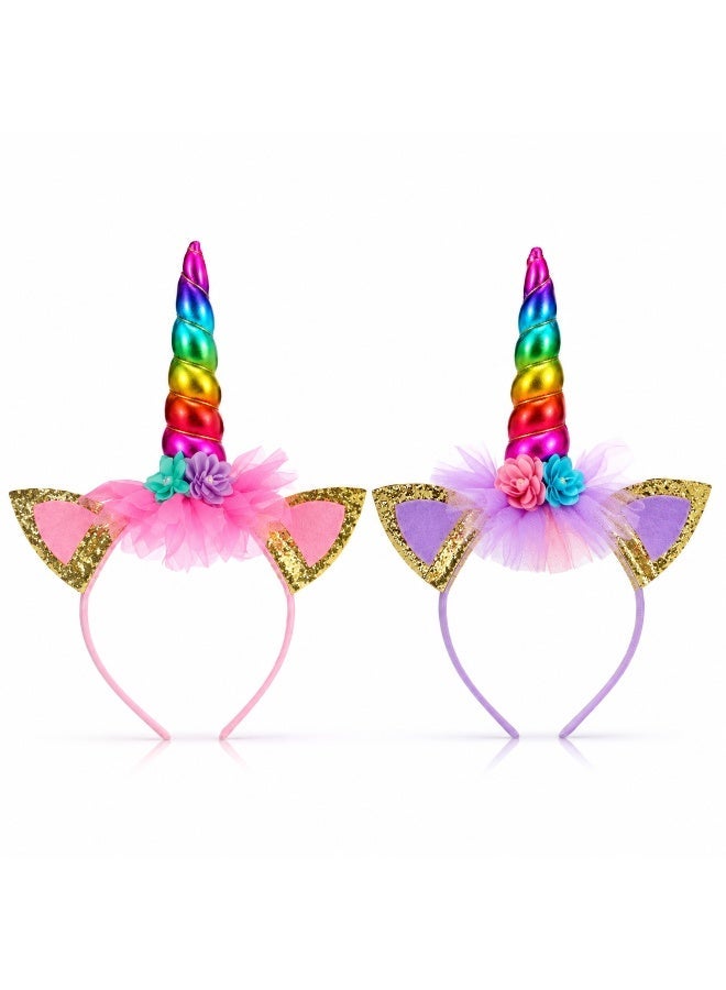vsell24 Pack of 2-Unicorn Glitter Headband for Girls – Stylish Rainbow Hairband for Toddlers & Kids, Birthday Party, Dress-Up, Princess Costume & Party Supplies - Image 1