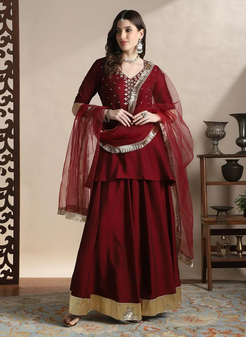 globus Globus Women Maroon Sequin Embroidered Yoke V-Neck Tunic With Gotta lace Flared Hem Skirt & Fringed lace Dupatta Festive Coords Set