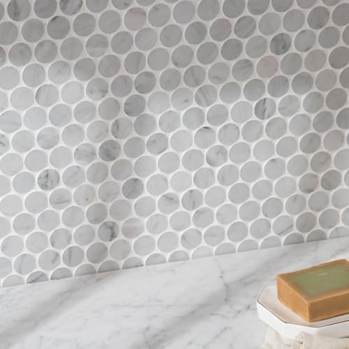 Diflart Carrara White Marble Mosaic Tile, 1 Inch Penny Round, Polished, Natural Marble Backsplash Tiles for Kitchen Bathroom Wall Floor, Pack of 5 Sheets - Image 1