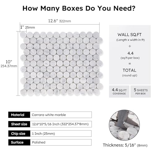 Diflart Carrara White Marble Mosaic Tile, 1 Inch Penny Round, Polished, Natural Marble Backsplash Tiles for Kitchen Bathroom Wall Floor, Pack of 5 Sheets - Image 3