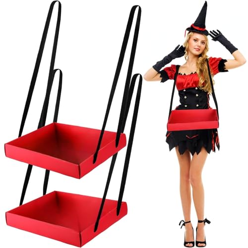 Junkin 2 Pcs Wearable Party Tray Snack and Beverage Carrier Foldable Drink Carriers Drink Holder Movie Snack Trays with Strap Halloween Costume Accessory Prop with 4 Ribbons, 2 x 11 x 13 Inches (Red) - Image 1
