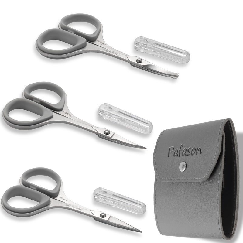 Pafason PAFASON Stainless Steel Mustache Beard Facial Nose Hair Trimming Scissor Set with Safety Cover and Leather Pouch Grey 