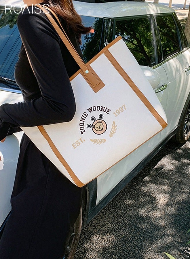 roaiss حقيبة نسائية Tote مصنوعة من القماش بطباعة سعة كبيرة بأشرطة جلدية صناعية ذات لوحة متباينة حقيبة كتف عصرية متعددة الاستخدامات  - Image 2