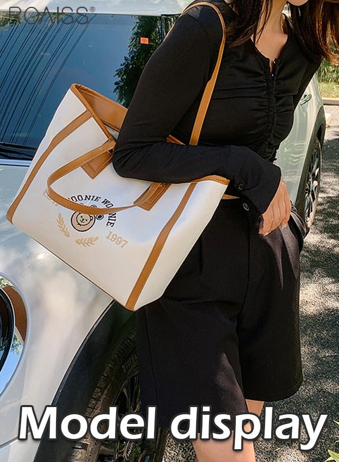 roaiss حقيبة نسائية Tote مصنوعة من القماش بطباعة سعة كبيرة بأشرطة جلدية صناعية ذات لوحة متباينة حقيبة كتف عصرية متعددة الاستخدامات  - Image 3
