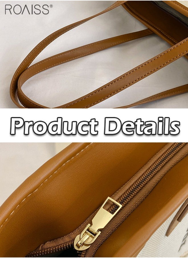 roaiss - Women's Canvas Printed Tote Bag Large Capacity Pu Leather Contrast Panel Shoulder Bag Fashion Versatile Handbag - Image 1