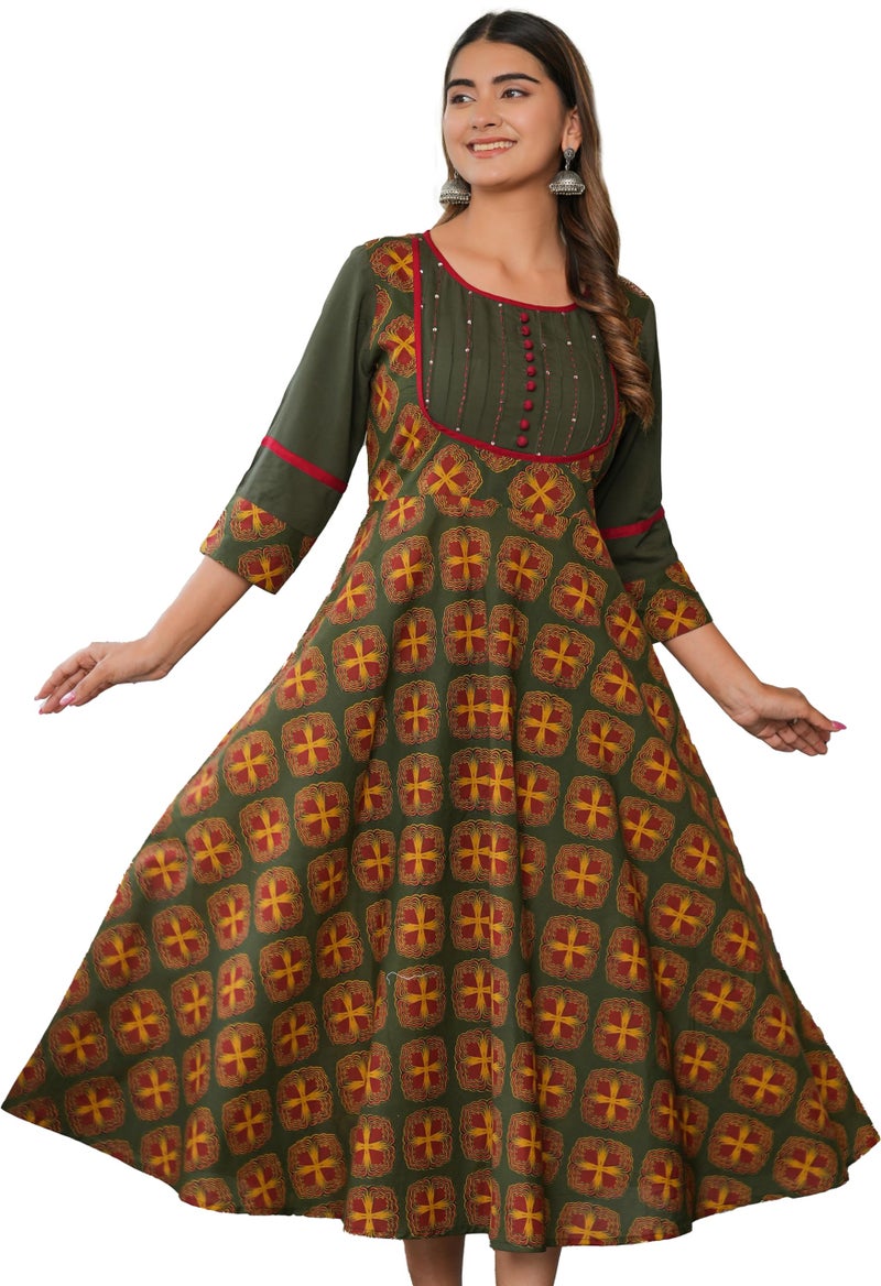 Yash Gallery Women's Plus Size Cotton Floral Printed Pintucks Regular Fit Anarkali Kurta (1566PLYKGREEN, Green, 3XL) - Image 1