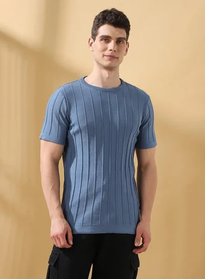 Dennis Lingo Men'S Blue Cotton Blend Textured Regular Fit T-Shirt