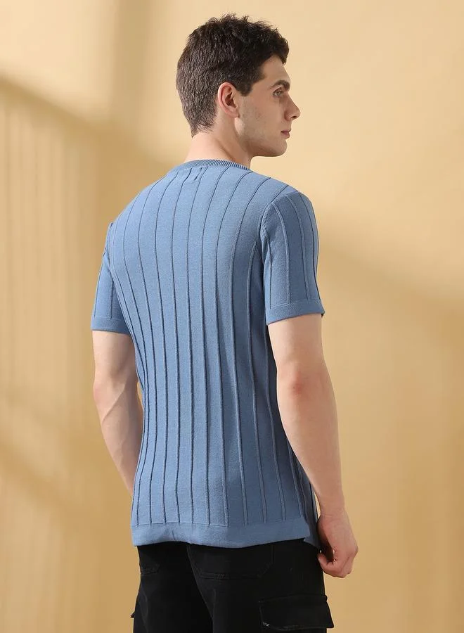 Dennis Lingo Men'S Blue Cotton Blend Textured Regular Fit T-Shirt