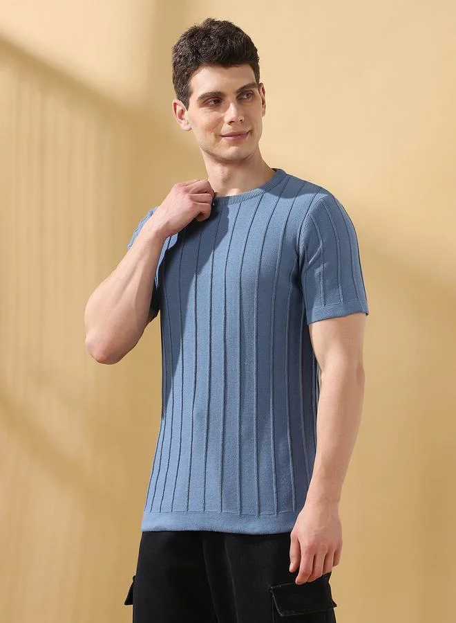 Dennis Lingo Men'S Blue Cotton Blend Textured Regular Fit T-Shirt