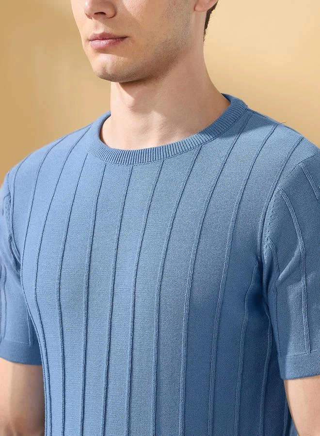 Dennis Lingo Men'S Blue Cotton Blend Textured Regular Fit T-Shirt