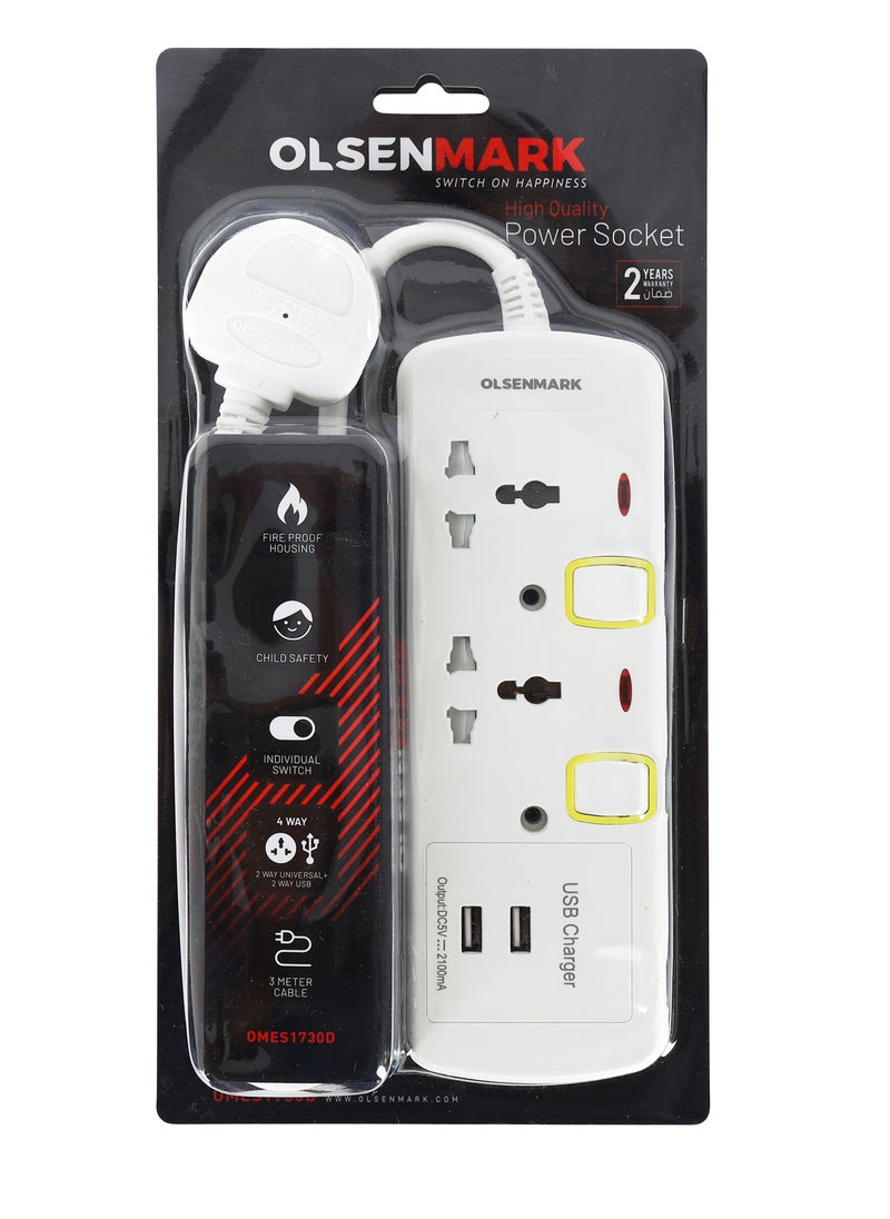 Olsenmark Olsenmark 2-Way Extension Socket with Individual Switches OMES1730D, 2 Way USB Ports with PP Fire Proof Housing and Copper Parts  - Image 3