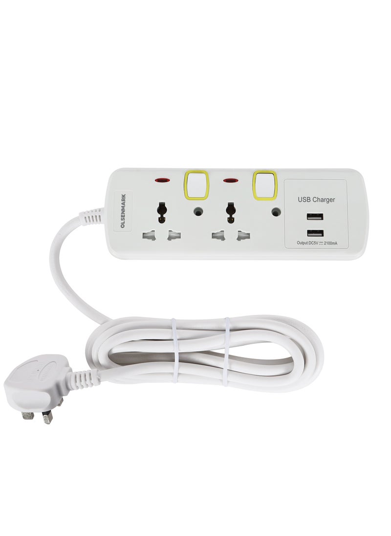 Olsenmark Olsenmark 2-Way Extension Socket with Individual Switches OMES1730D, 2 Way USB Ports with PP Fire Proof Housing and Copper Parts  - Image 1