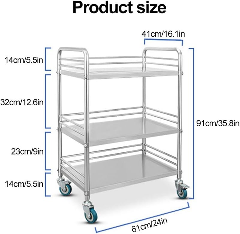 Jouystore Medical Trolley Cart, Stainless Steel Medical Lab Cart Trolley, 3-Tier Utility Cart with Wheels, for Laboratory, Hospital, Spa Beauty Salon, Restaurant Hotel and Home Use (small size) - Image 5