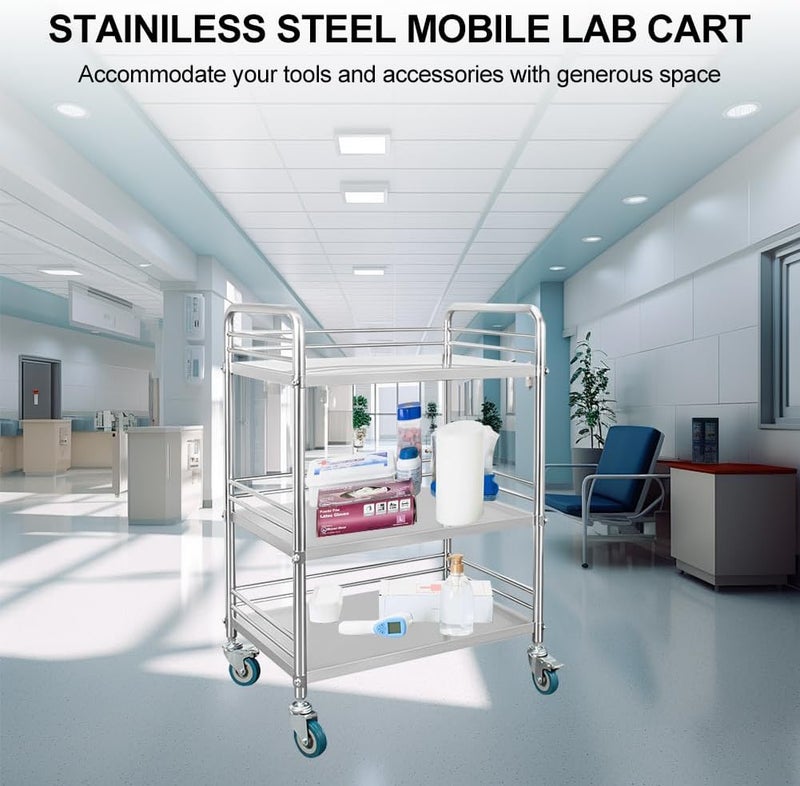 Jouystore Medical Trolley Cart, Stainless Steel Medical Lab Cart Trolley, 3-Tier Utility Cart with Wheels, for Laboratory, Hospital, Spa Beauty Salon, Restaurant Hotel and Home Use (small size) - Image 1