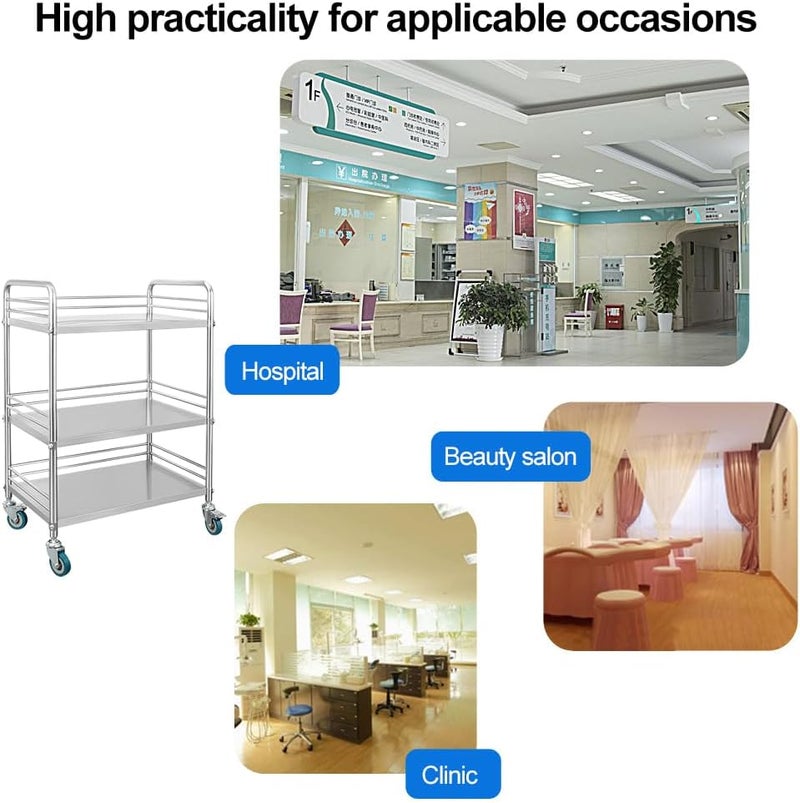 Jouystore Medical Trolley Cart, Stainless Steel Medical Lab Cart Trolley, 3-Tier Utility Cart with Wheels, for Laboratory, Hospital, Spa Beauty Salon, Restaurant Hotel and Home Use (small size) - Image 3