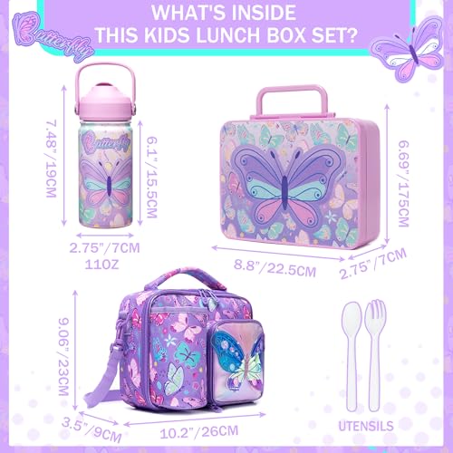 Oruiji Butterfly Lunch Box for Girls Bento Box for Kids with Lunch Bag,Stainless Steel Water Bottle,Ice Pack Set Birthday Gifts for Ages 3-12 Back to School Toddler Girls - Image 2