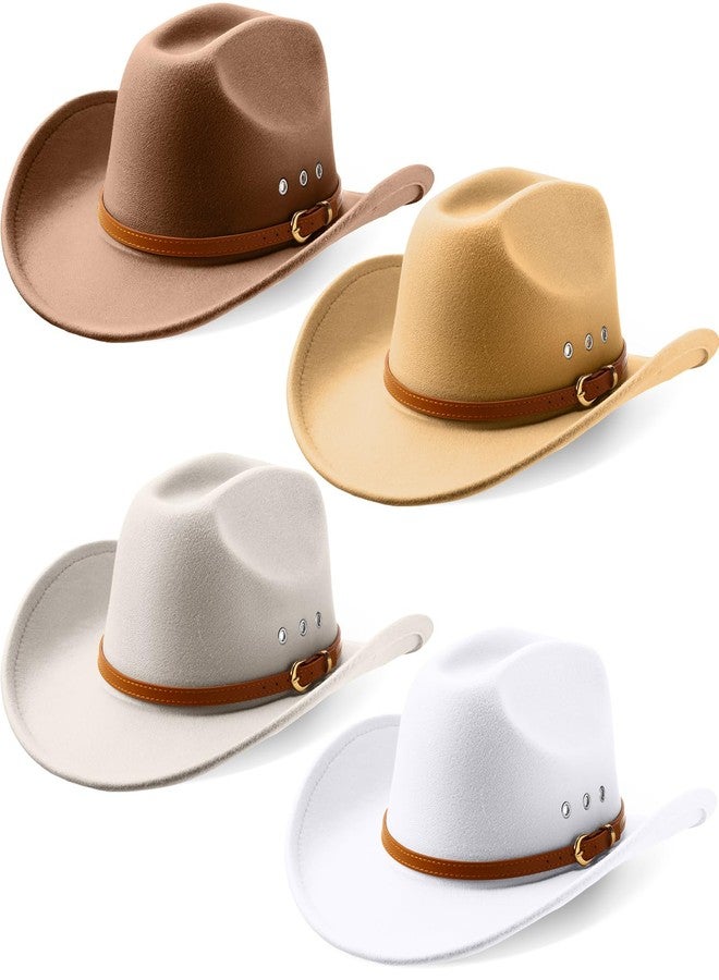 Breathffy 4 Pcs Cowboy Hat Felt Wide Brim Cowgirl Hats with Belt Classic Outdoor Western Hats for Women Men Adults (Khaki, Camel, Beige, White,Elegant) - Image 1