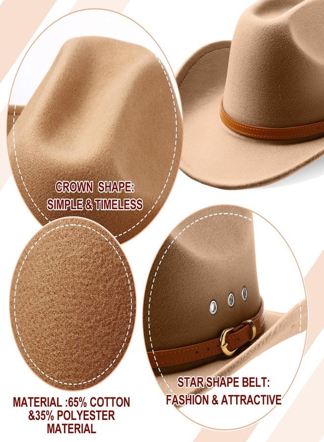 Breathffy 4 Pcs Cowboy Hat Felt Wide Brim Cowgirl Hats with Belt Classic Outdoor Western Hats for Women Men Adults (Khaki, Camel, Beige, White,Elegant) - Image 4
