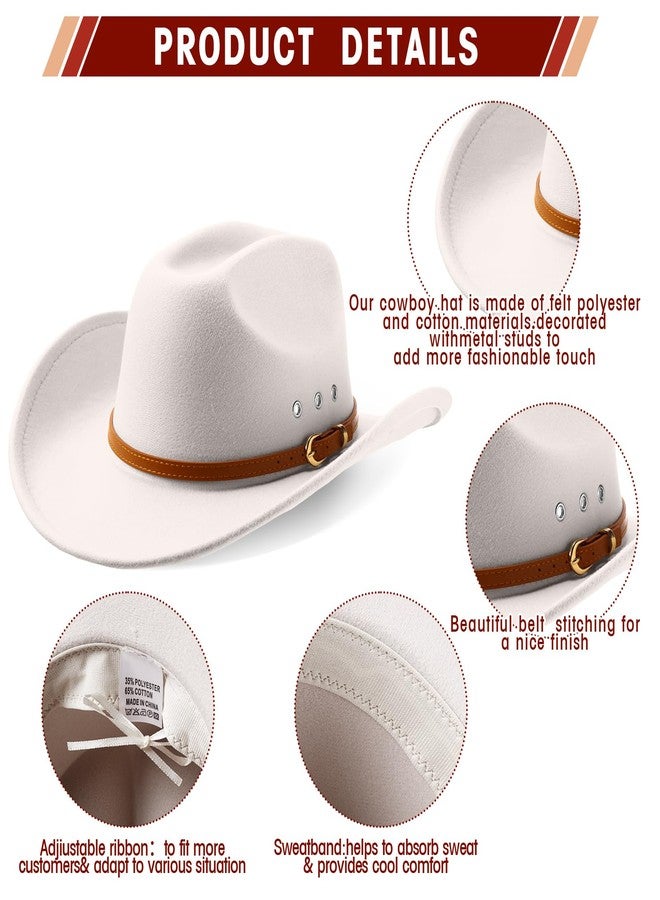 Breathffy 4 Pcs Cowboy Hat Felt Wide Brim Cowgirl Hats with Belt Classic Outdoor Western Hats for Women Men Adults (Khaki, Camel, Beige, White,Elegant) - Image 3