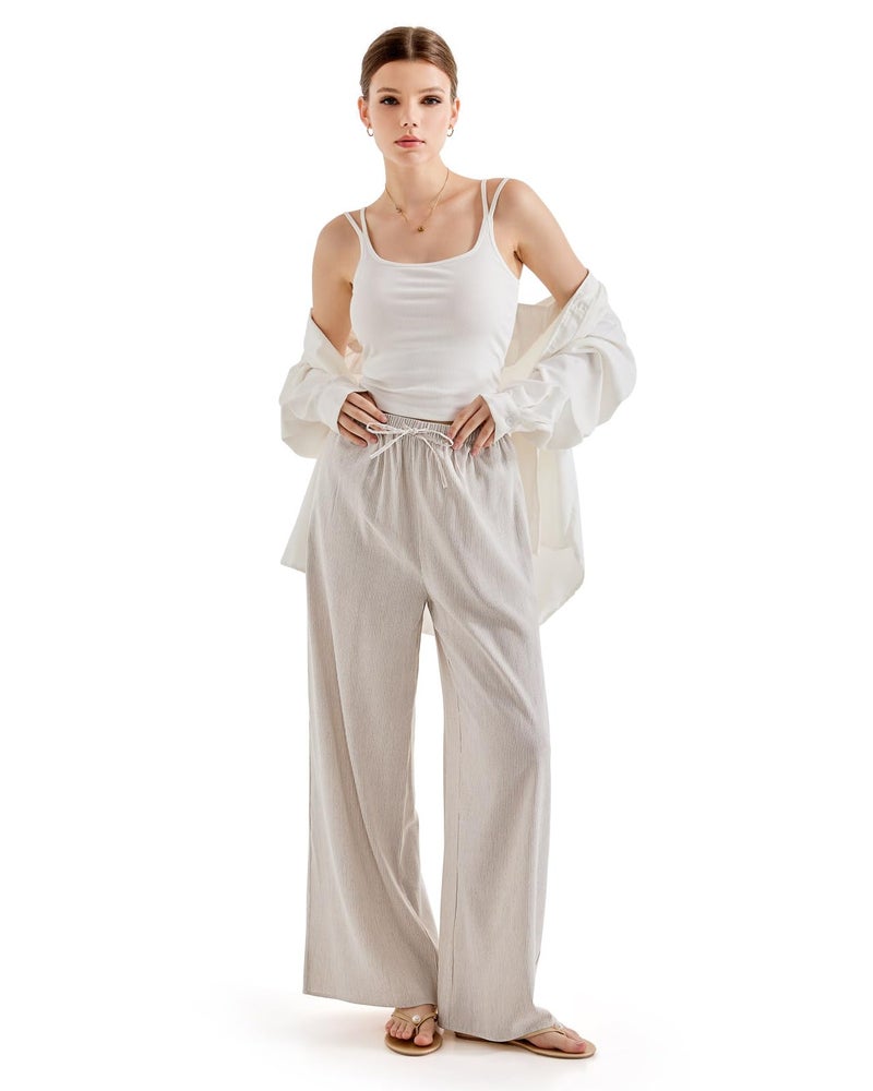 SUUKSESS Women Wide Leg Flowy Linen Pant with Pockets High Waisted Casual Lounge Palazzo Pant (Striped Khaki, XL) - Image 5