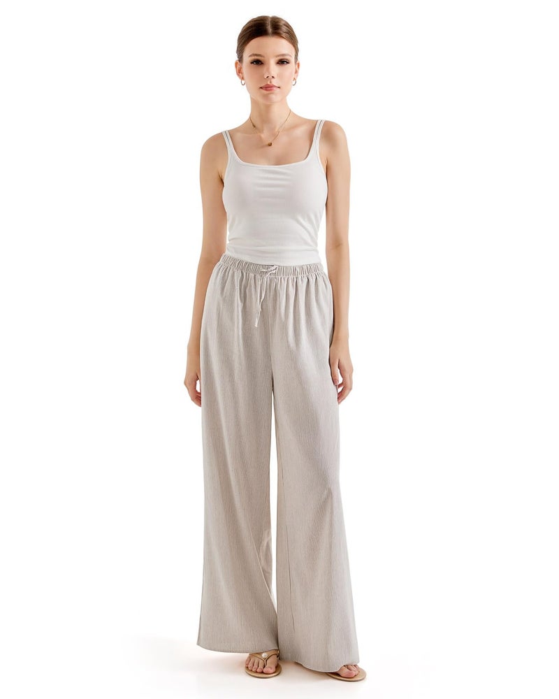 SUUKSESS Women Wide Leg Flowy Linen Pant with Pockets High Waisted Casual Lounge Palazzo Pant (Striped Khaki, XL) - Image 4