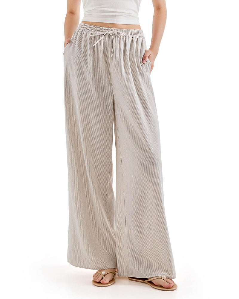 SUUKSESS Women Wide Leg Flowy Linen Pant with Pockets High Waisted Casual Lounge Palazzo Pant (Striped Khaki, XL) - Image 1