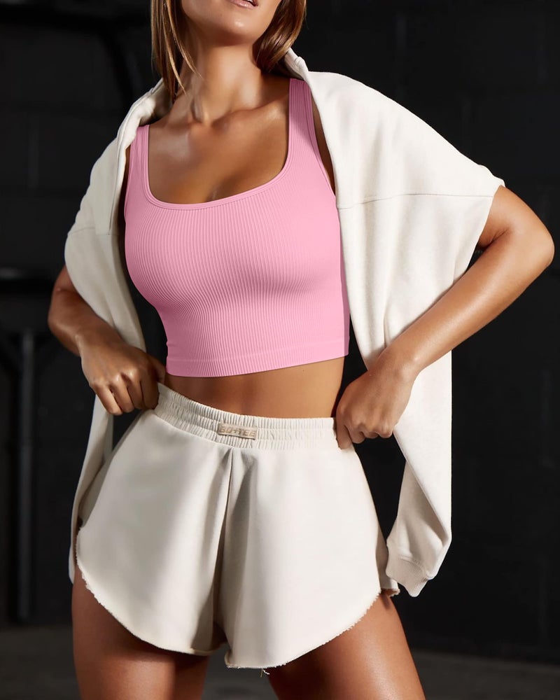 OQQ Women's 3 Piece Tank Tops Ribbed Seamless Workout Exercise Shirts 2025 Summer Basic Camis Candypink Beige White - Image 5