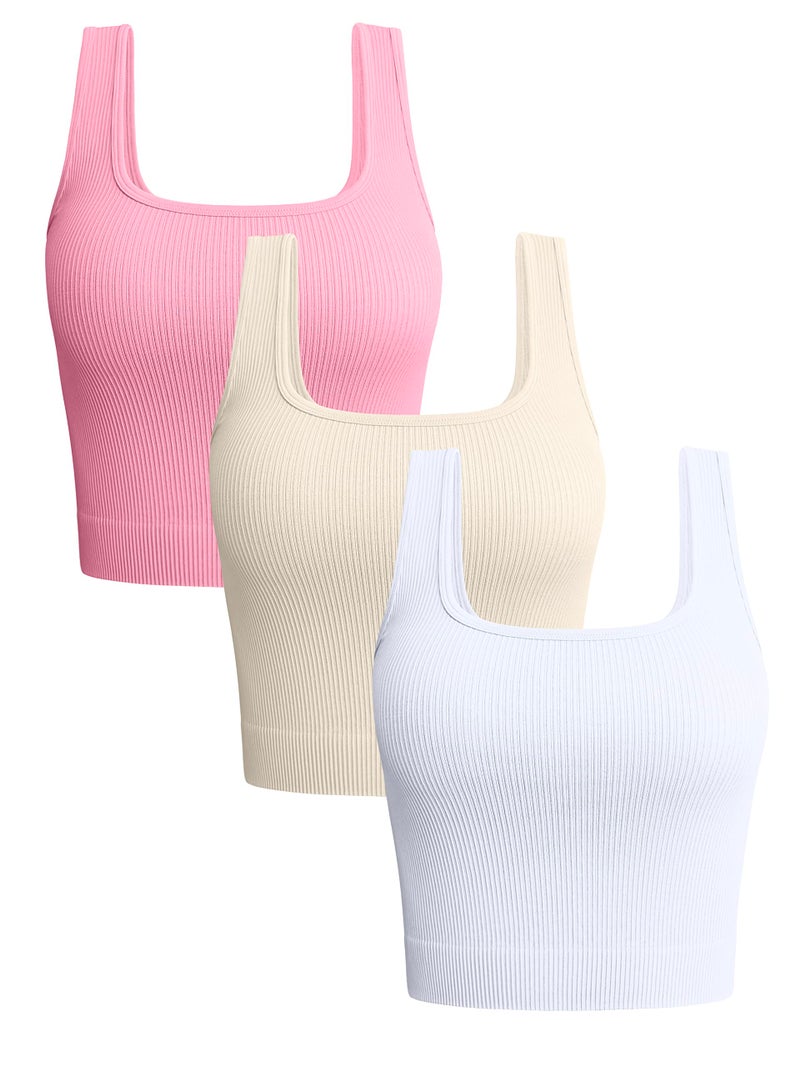OQQ Women's 3 Piece Tank Tops Ribbed Seamless Workout Exercise Shirts 2025 Summer Basic Camis Candypink Beige White - Image 1