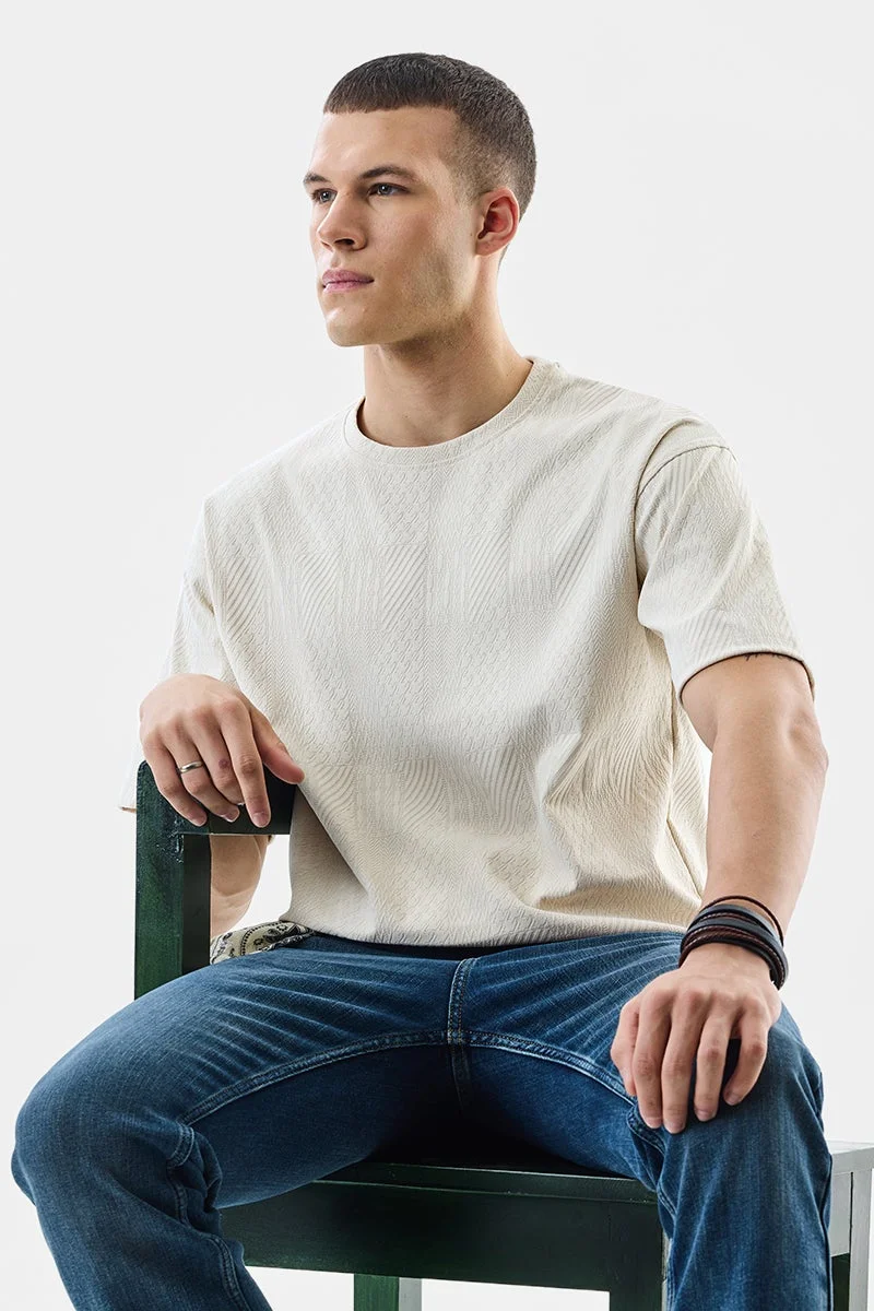 SNITCH Beige Textured Half Sleeve Oversized T-Shirt