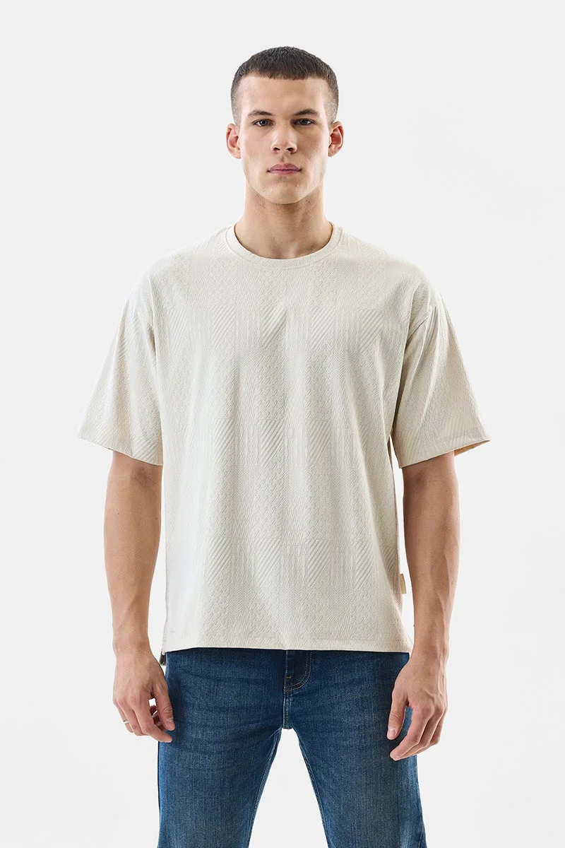 SNITCH Beige Textured Half Sleeve Oversized T-Shirt