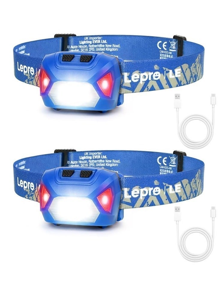 Lepro Headlamp Rechargeable 2-Pack BULE, 2000 Lux Super Bright LED Headlamp with Red and White Light, Hardhat Head Lamp, Waterproof Headlight for Kids & Adults for Running Fishing Camping