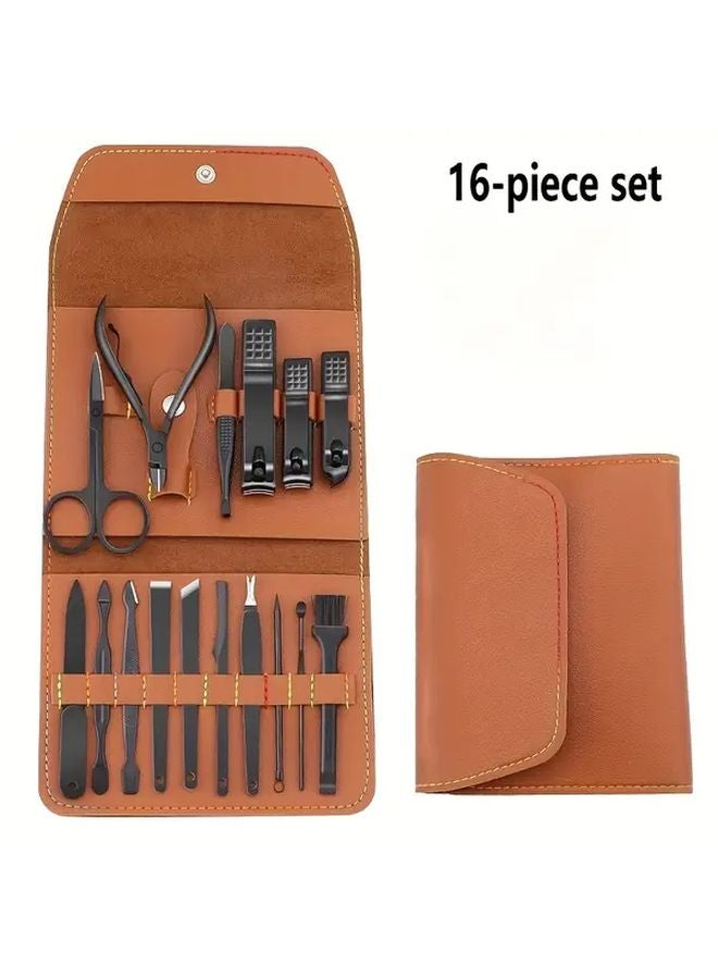 براون 16 قطعة مجموعة العناية بالأظافر مع حقيبة محمولة لليدين والقدمين والوجه - Image 3