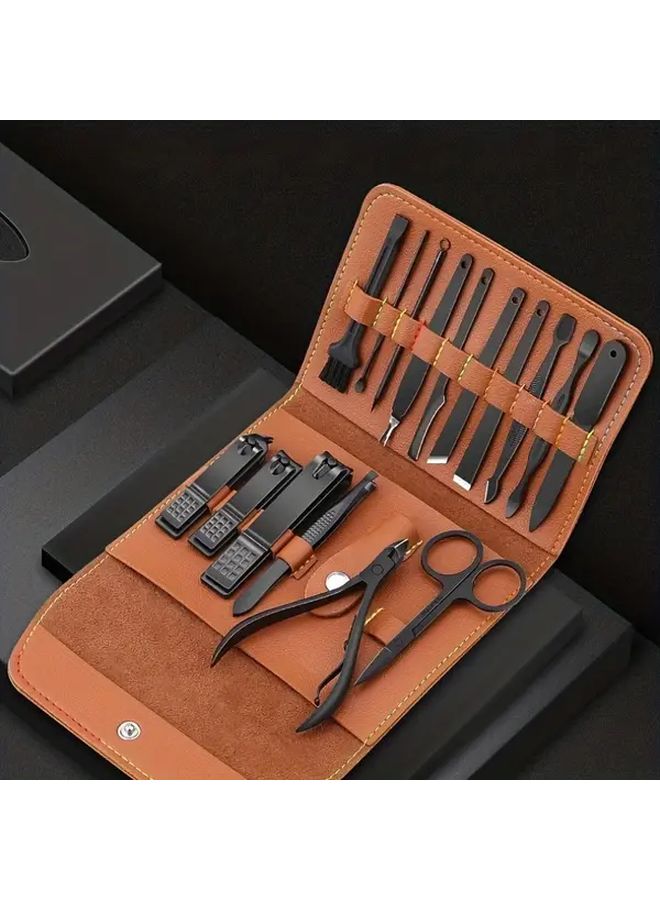 براون 16 قطعة مجموعة العناية بالأظافر مع حقيبة محمولة لليدين والقدمين والوجه - Image 1