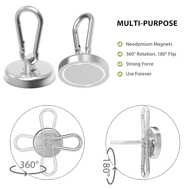 Ant Mag Magnetic Hooks 140LBS Heavy Duty Neodymium Magnet with Swiveling Carabiner Magnet Snap Hook for Indoor/Outdoor Hanging Bag Kitchen Garage Magnet Type Cruise Ship Magnetic Hook (4 Pack) - Image 2