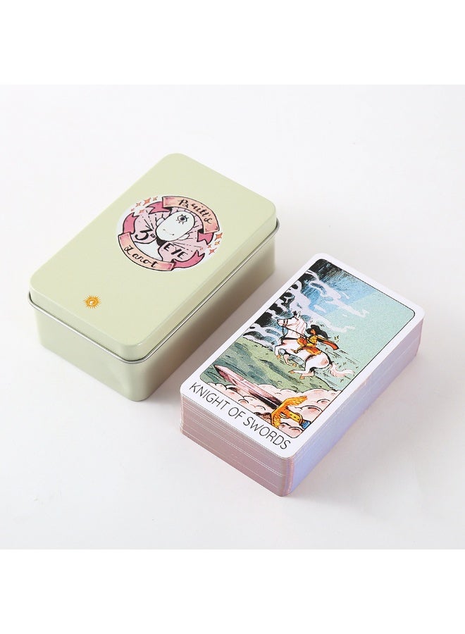 NIBEMINENT Britt's "Third Eye" deck (Tarot cards) is packed in a metal box, measuring 10 cm x 6 cm. The game board is golden in color, with white metal edges. There are 78 cards in total, accompanied by a paper user manual. - Image 1