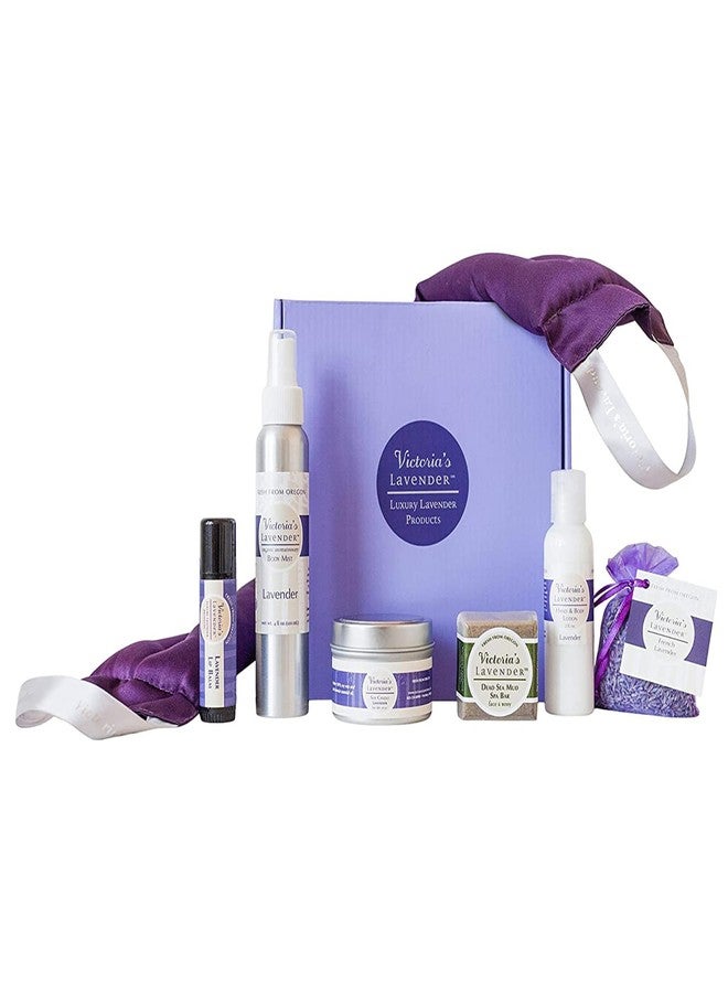 Victoria's Lavender Luxury Gift Basket for Women - Neck Wrap, Body Mist, Hand & Body Lotion, Lip Balm, Soy Candle, Mud Spa Bar & Lavender Sachet, Skin Care Sets, Made in USA Beauty Products For Women - Image 1