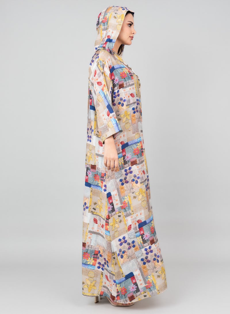 اكسا جلابية بغطاء رأس مطبوعة بنقوش بيج - Image 3